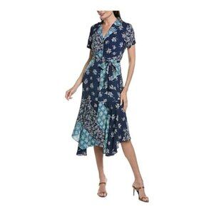 NANETTE LEPORE Womens Belted Midi Floral Print Shark Bite Hem Shirtdress Blue
